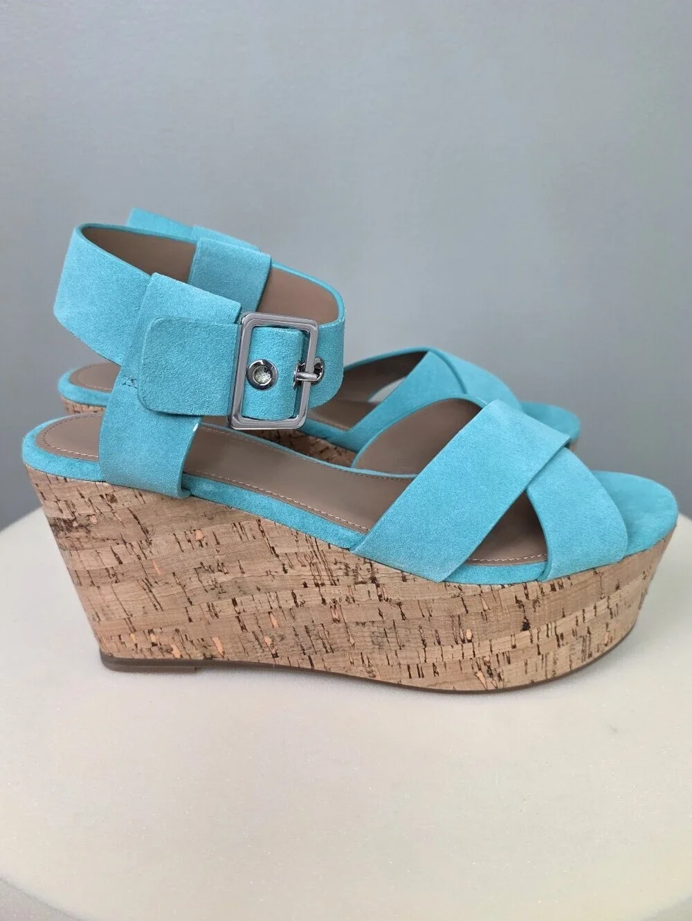 ​Marc Fisher LTD Cacie Light Green Suede Cork Platform Wedge Sandals Size 7.5 M